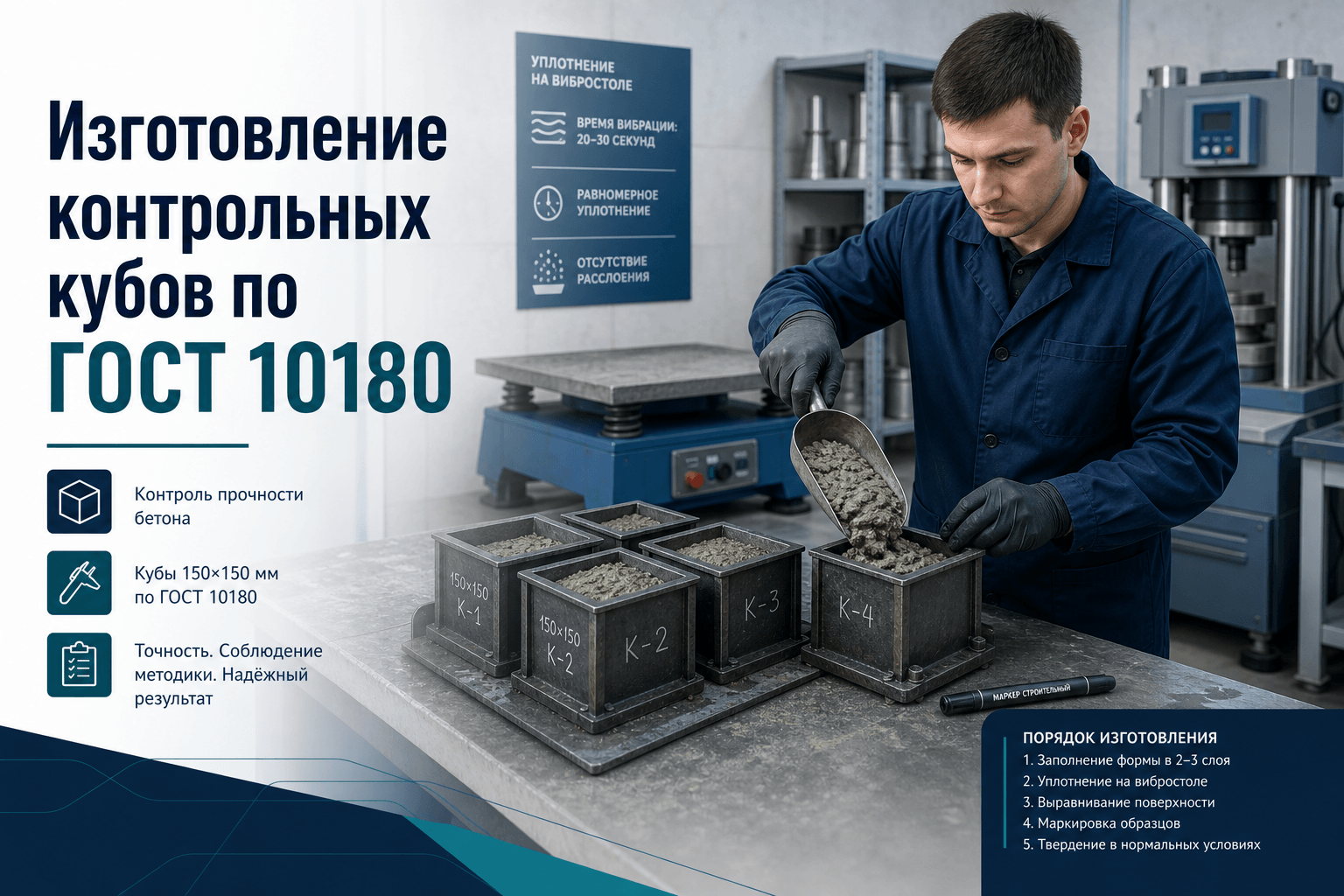 Изготовление контрольных кубов по ГОСТ 10180-2012: формы, уплотнение, маркировка