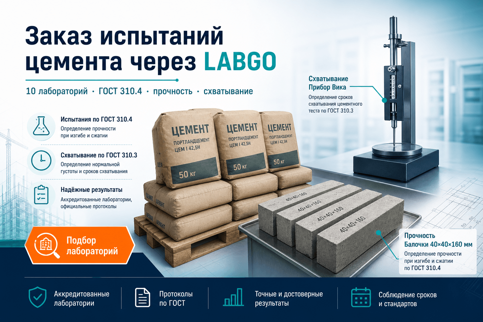 Как заказать испытания цемента через LABGO: подбор лабораторий для ПТО и снабжения