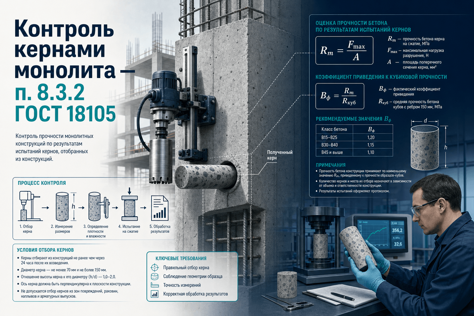 Контроль прочности монолита по кернам: п. 8.3.2, Sm по 5.2 и Bф по формуле (14) ГОСТ 18105