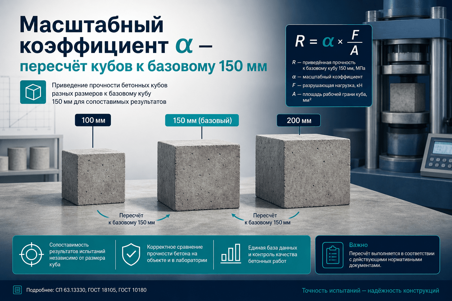 Масштабный коэффициент α по ГОСТ 10180: пересчёт куба 100 и 200 мм к базовому 150