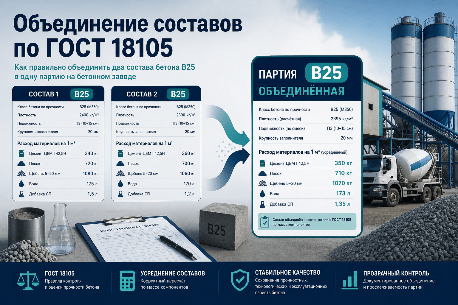 Объединение номинальных составов бетона в одну партию: четыре условия п. 6.1.3 ГОСТ 18105
