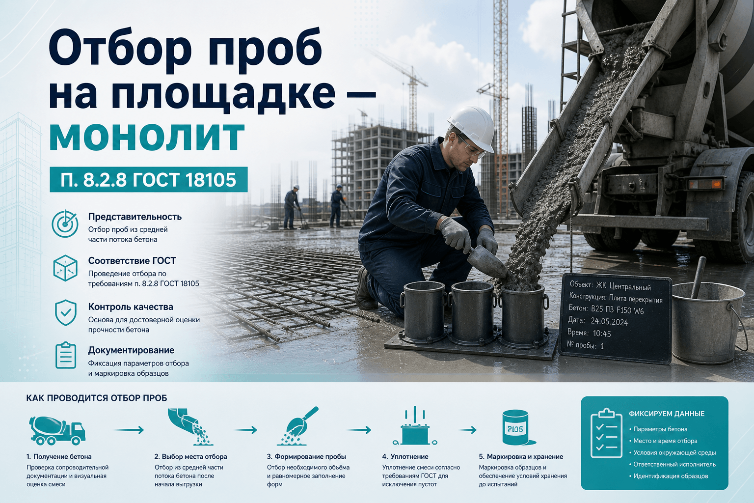 Отбор проб бетона на площадке для монолита: 2, 4 или 6 проб по объёму по ГОСТ 18105