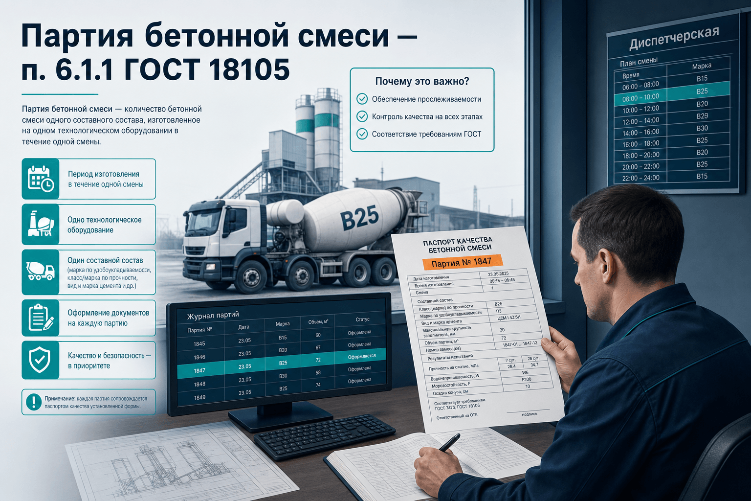 Партия бетонной смеси на РБУ: номинальный состав, смена и неделя по п. 6.1.1 ГОСТ 18105
