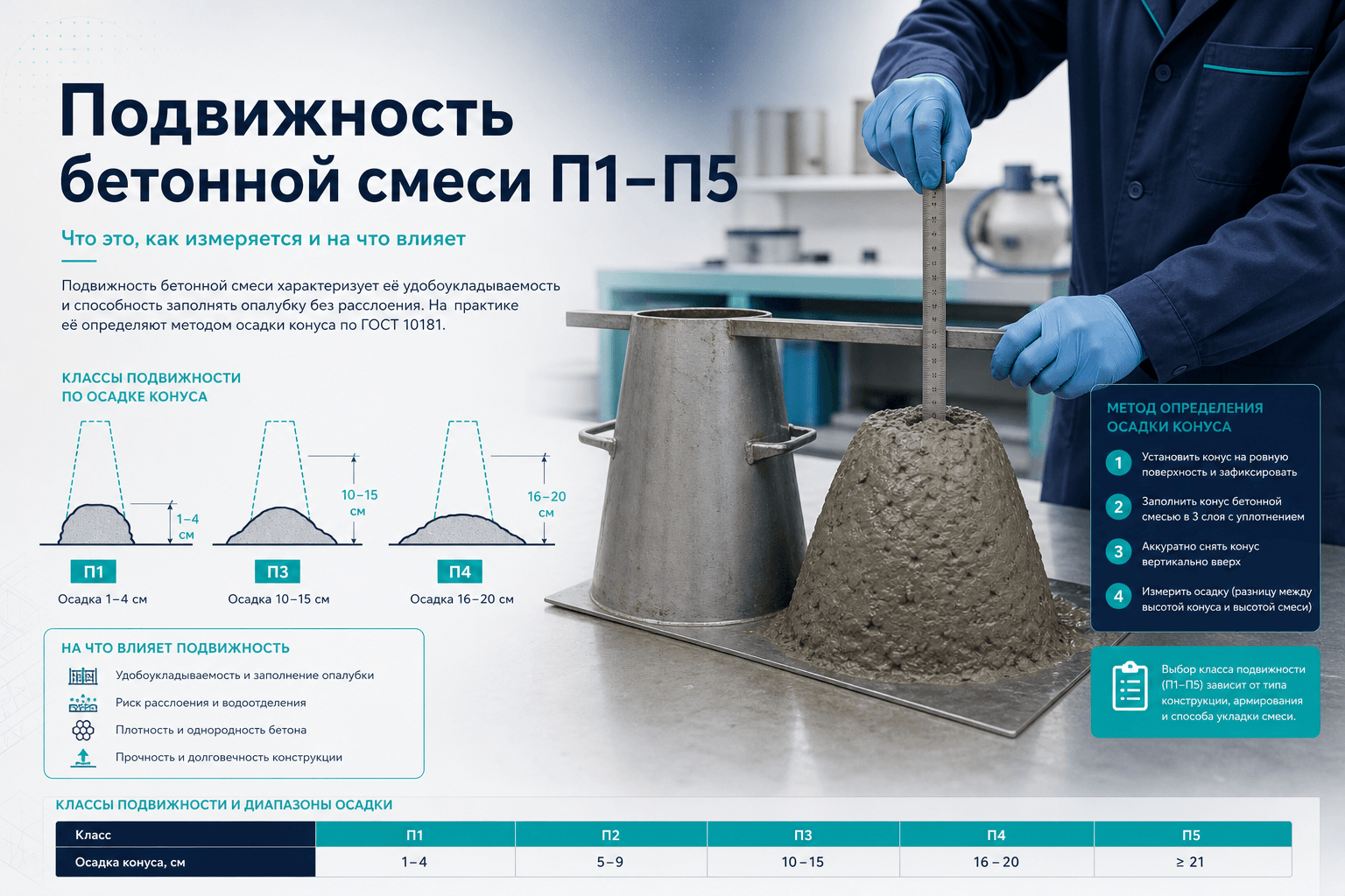 Подвижность бетонной смеси П1–П5: входной контроль лаборатории по СП 70 и ГОСТ 25192