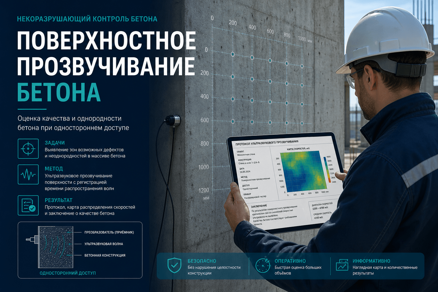 Поверхностное прозвучивание бетона: когда нет доступа с двух сторон