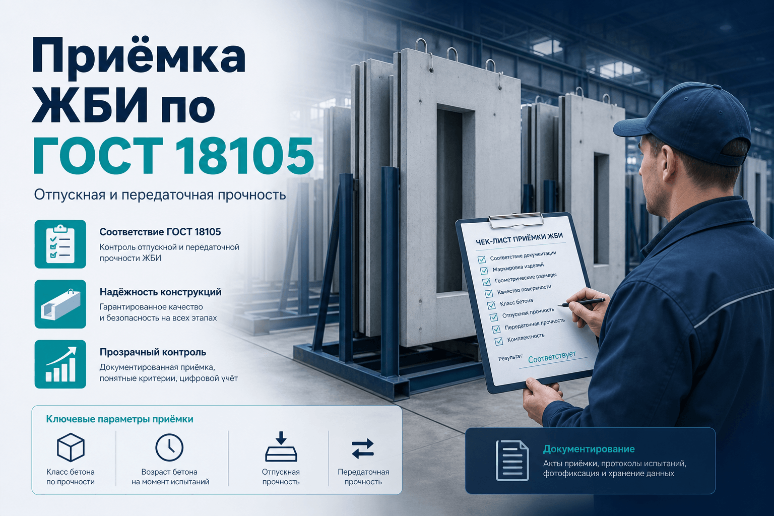 Приёмка бетонных и железобетонных изделий: отпускная, передаточная и R28 по ГОСТ 18105