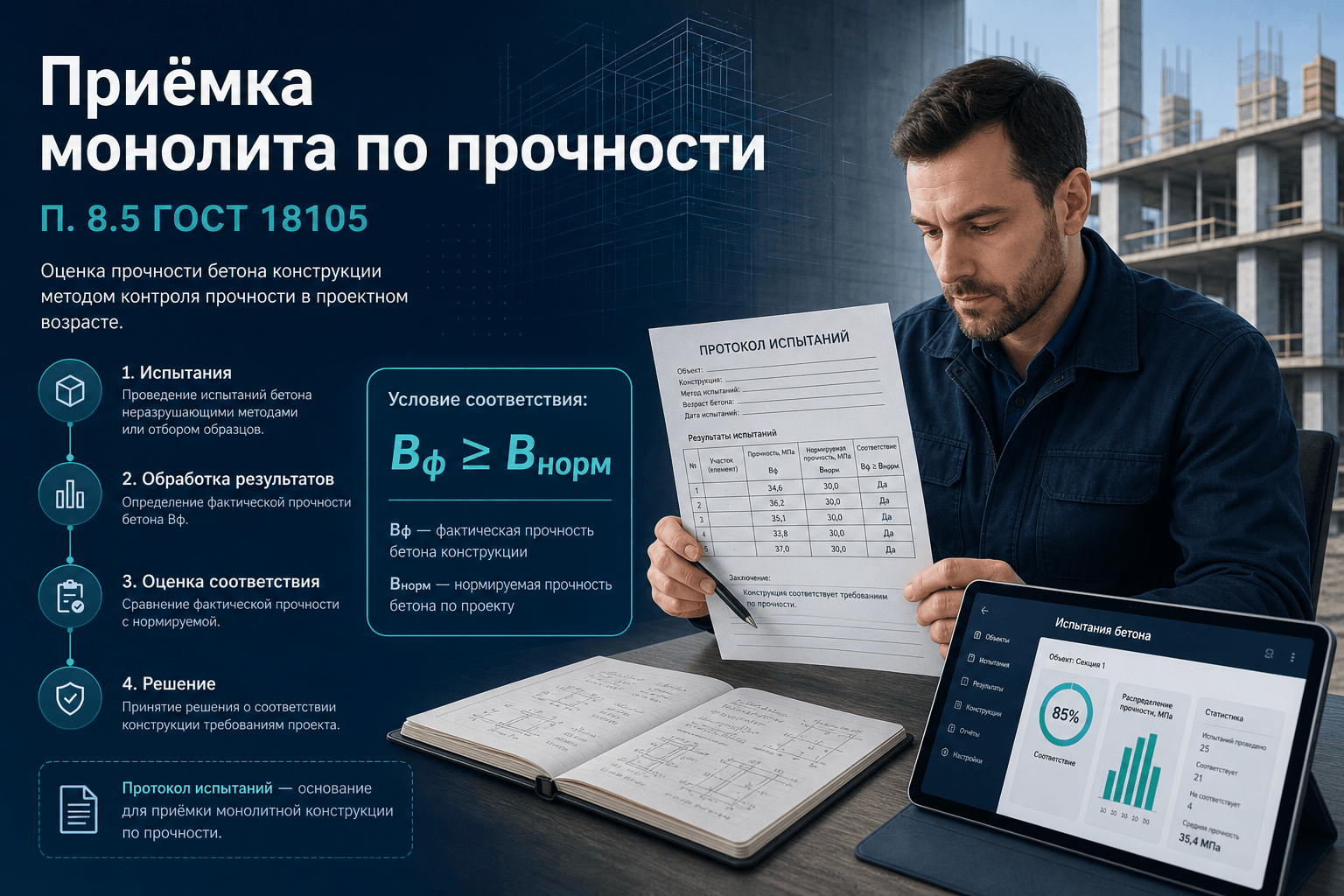 Приёмка монолита по прочности: Bф ≥ Bнорm, документ контроля и п. 8.5.1–8.5.5 ГОСТ 18105