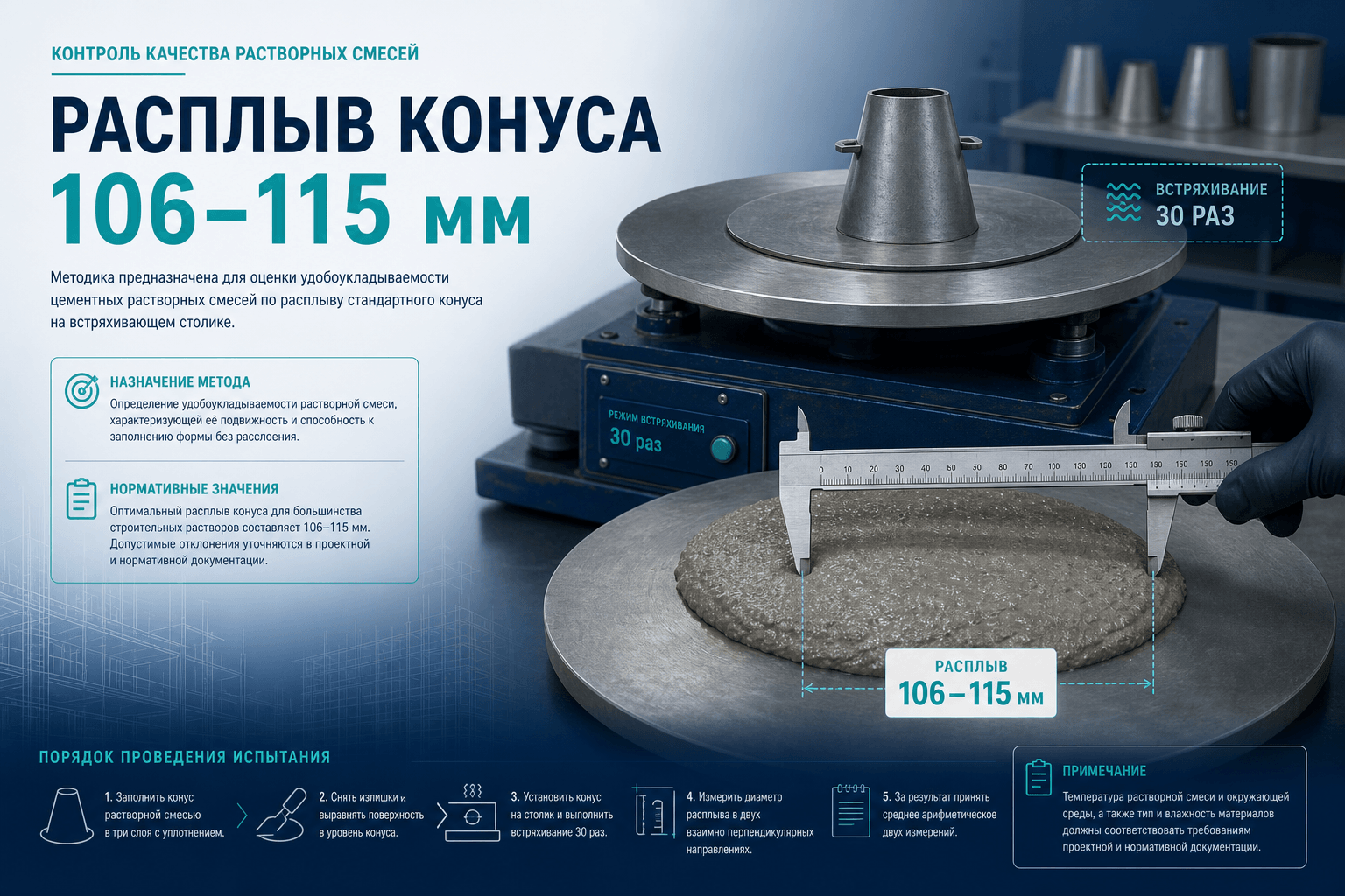 Расплыв конуса на встряхивающем столике по ГОСТ 310.4