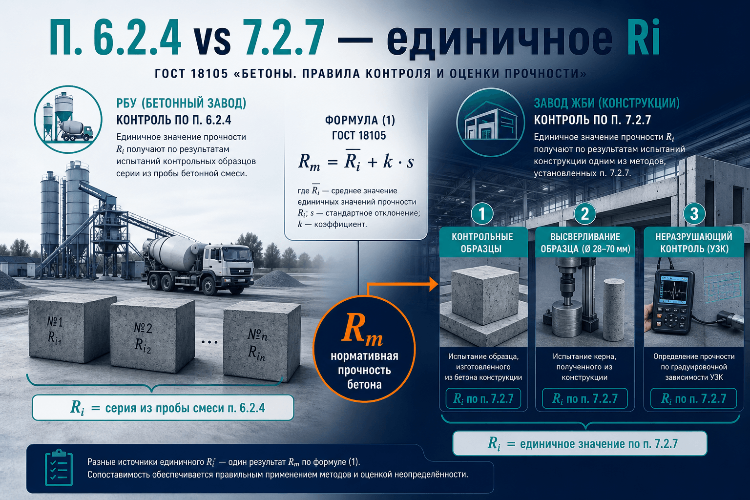 Ri и Rm прочности бетона: кубы, керны и НК — РБУ и завод по ГОСТ 18105