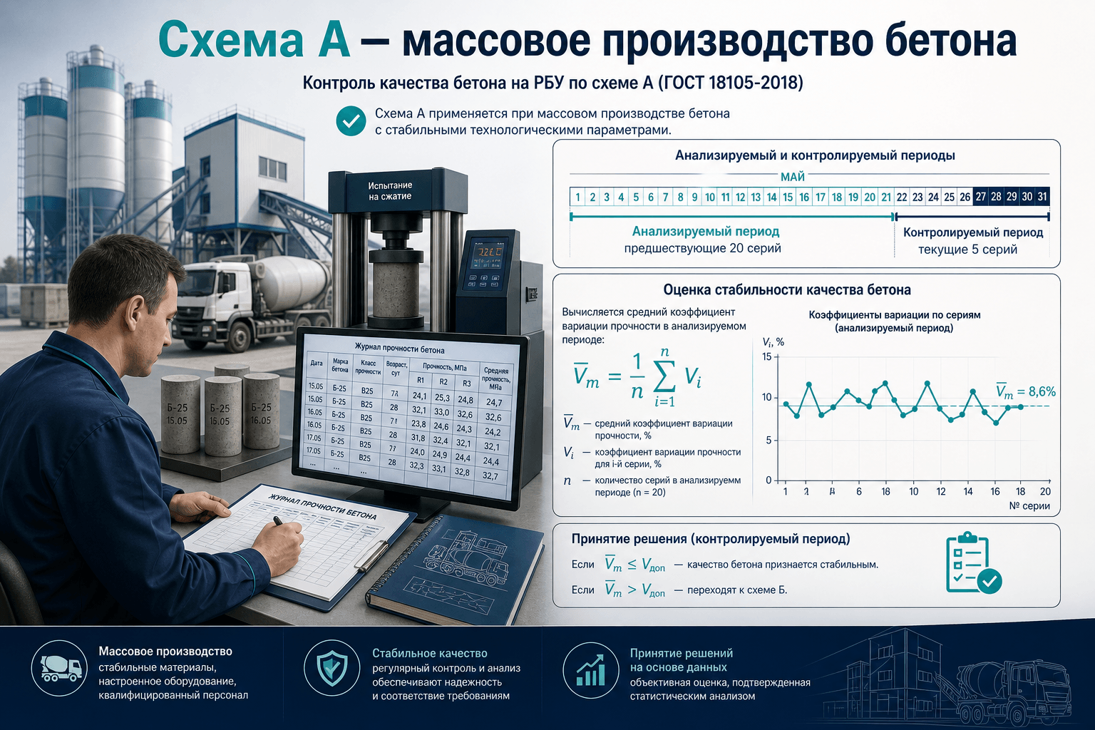 Схема А контроля прочности бетона: V̄m за период, RT и приёмка партий РБУ по ГОСТ 18105