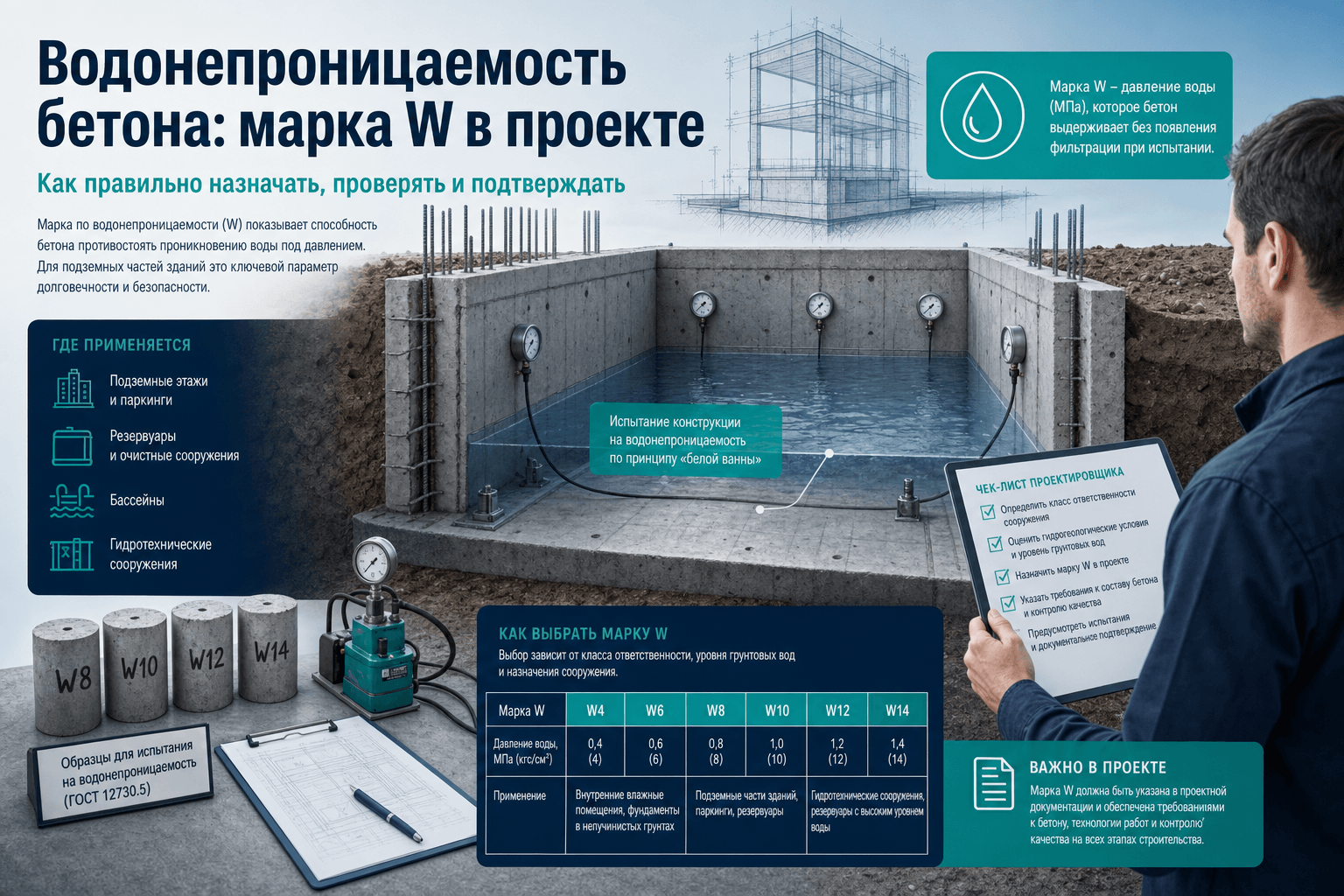 Водонепроницаемость бетона W8–W14: сводка каталога LABGO для инженера ПТО