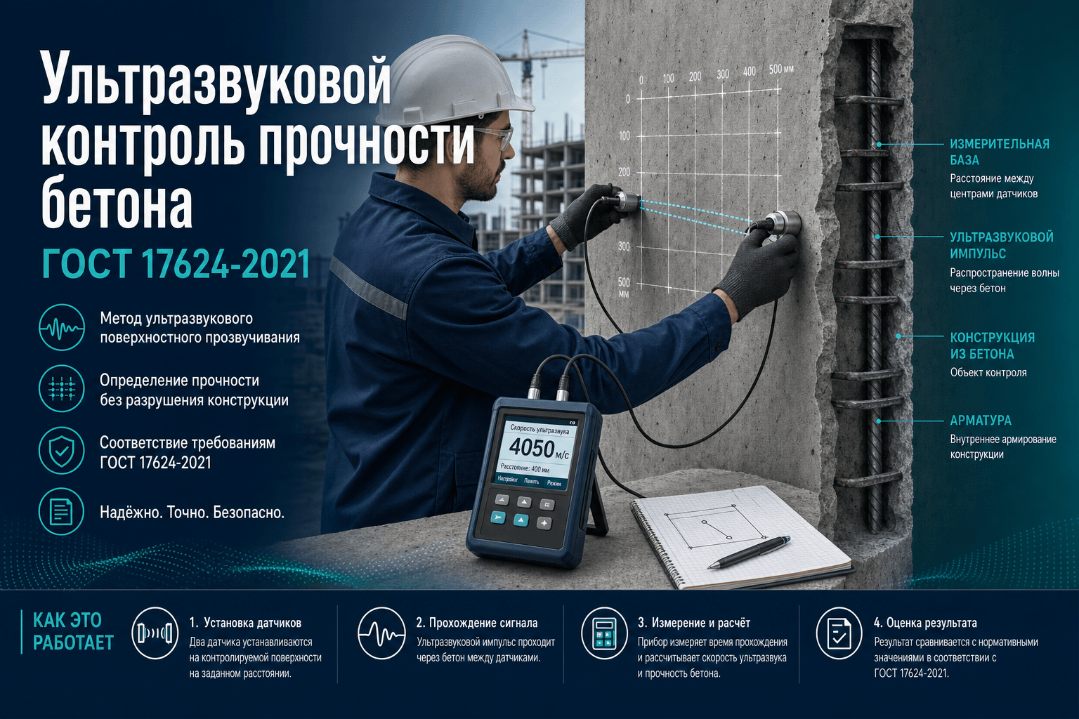 Ультразвуковой контроль прочности бетона на объекте: практика по ГОСТ 17624-2021