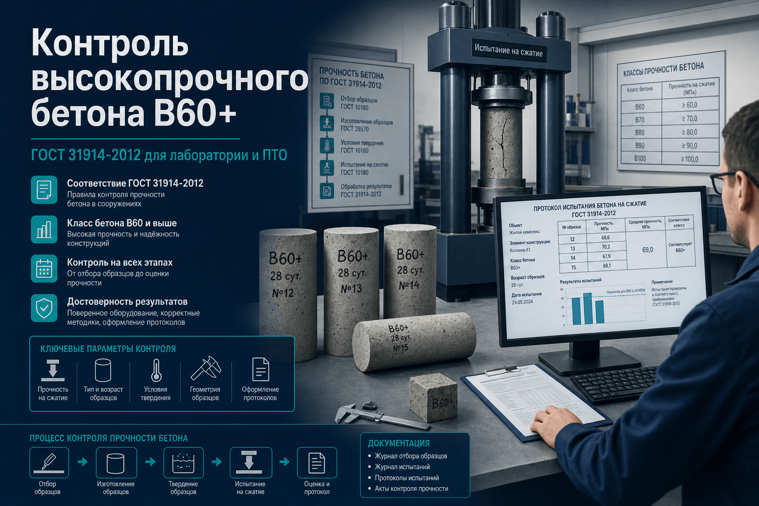 Контроль высокопрочного бетона B60+: практика по ГОСТ 31914-2012