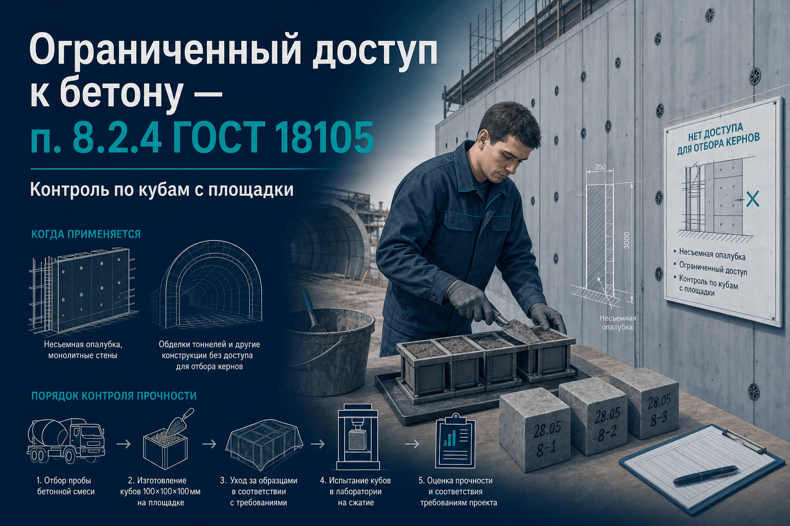 Ограниченный доступ к бетону: п. 8.2.4, кубы с площадки и Bф = 0,8·Rm по ГОСТ 18105