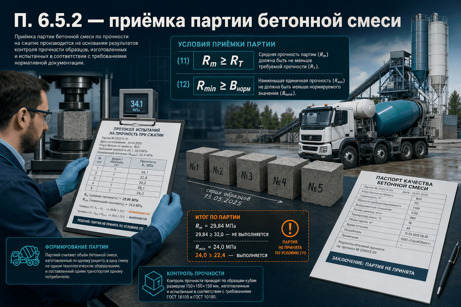 Приёмка партии бетонной смеси по формулам (11) и (12): ГОСТ 18105