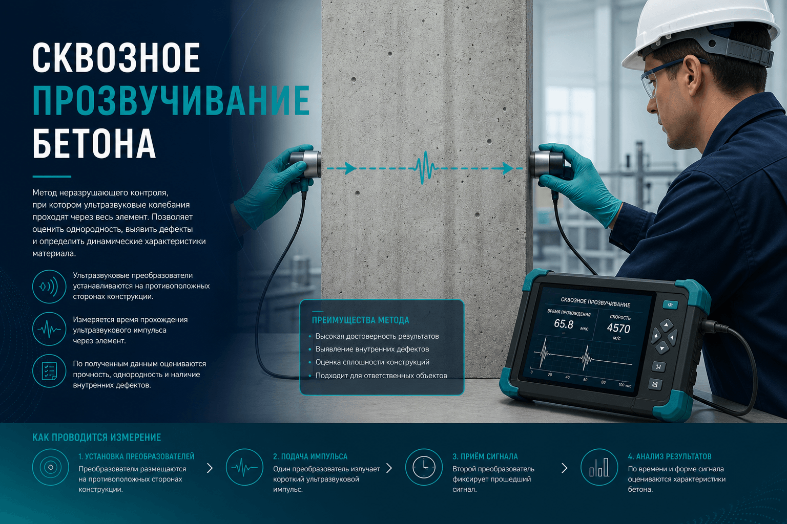 Сквозное прозвучивание бетона по ГОСТ 17624: схема, база, расчёт скорости