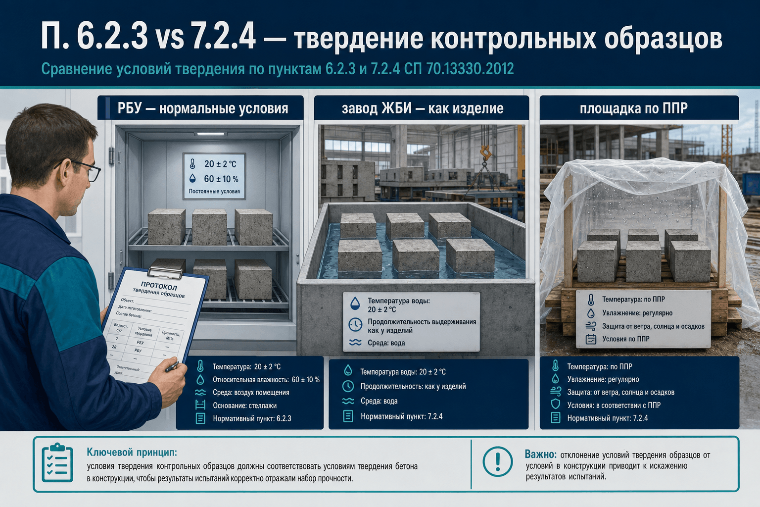 Твердение контрольных образцов: кубы РБУ, завод ЖБИ и площадка по ГОСТ 18105
