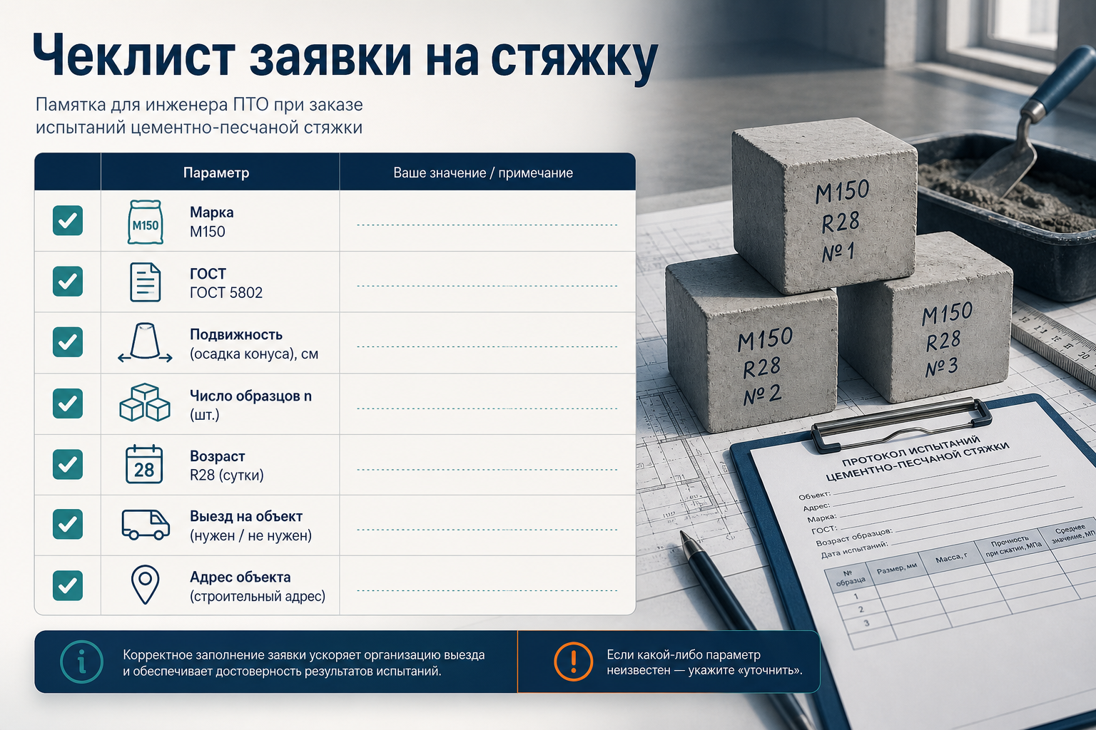Чеклист заявки на испытание цементно-песчаной стяжки