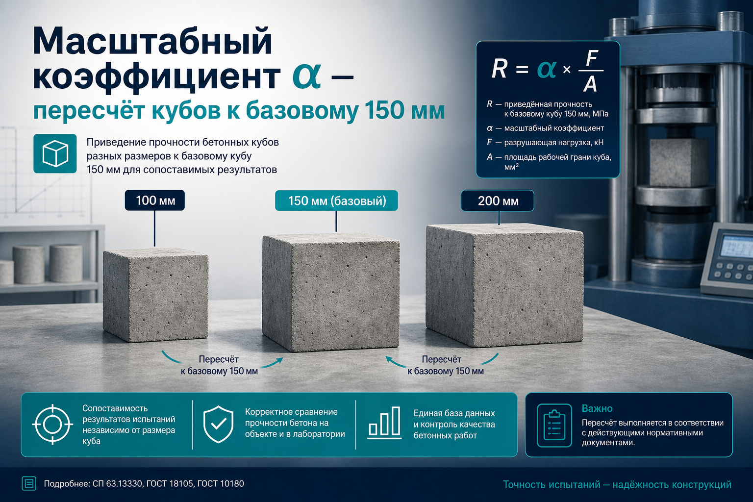 Масштабный коэффициент α по ГОСТ 10180: пересчёт куба 100 и 200 мм к базовому 150